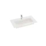 Stort baderomsinspirasjon med gult servantskap med elegant hvit vask og benkeplate, stilfull svart hylle og vakkert rundt speil med hvit kant, hvite marmorvegger og gulv samt små svarte fliser gir et moderne og urbant uttrykk.