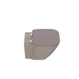 Stilrent og romslig baderomsinspirasjon med stort rundt speil med svart ramme, mørk steinvask, farget toalett, overskap og åpen hylle i et sofistikert og dempet design