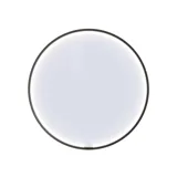 Stor urban baderomsinspirasjon med møbler i naturlig eik, steinbenkeplate med firkantet vask, rundt speil med svart kant, naturfarger og terrakottagulv gir et industrielt og moderne utseende