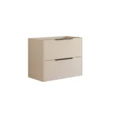 Baderomsinspirasjon med avlange blå fliser, elegant beige servantskap og høyskap med svarte, minimalistiske og avlange håndtak og et rundt speil med lys som gir et vakkert og kontrastfylt uttrykk.