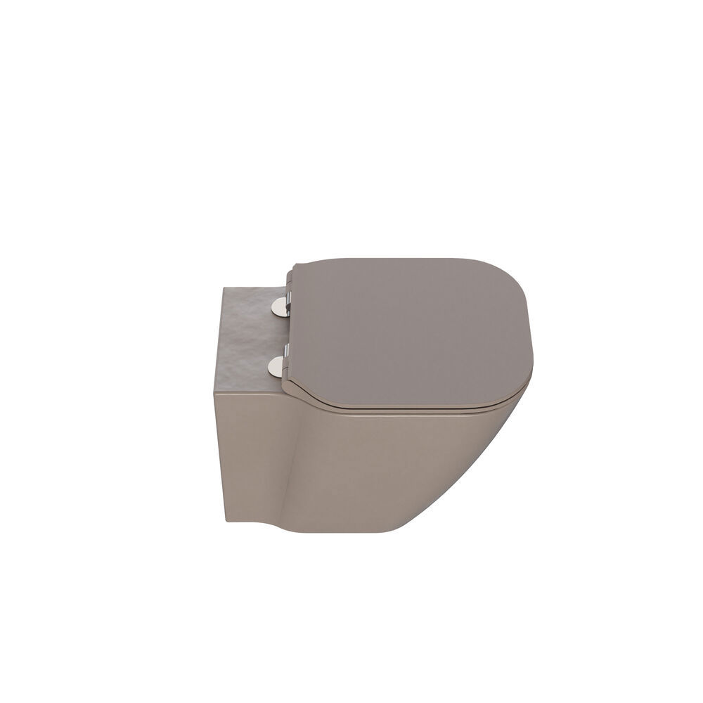 Stilrent og romslig baderomsinspirasjon med stort rundt speil med svart ramme, mørk steinvask, farget toalett, overskap og åpen hylle i et sofistikert og dempet design