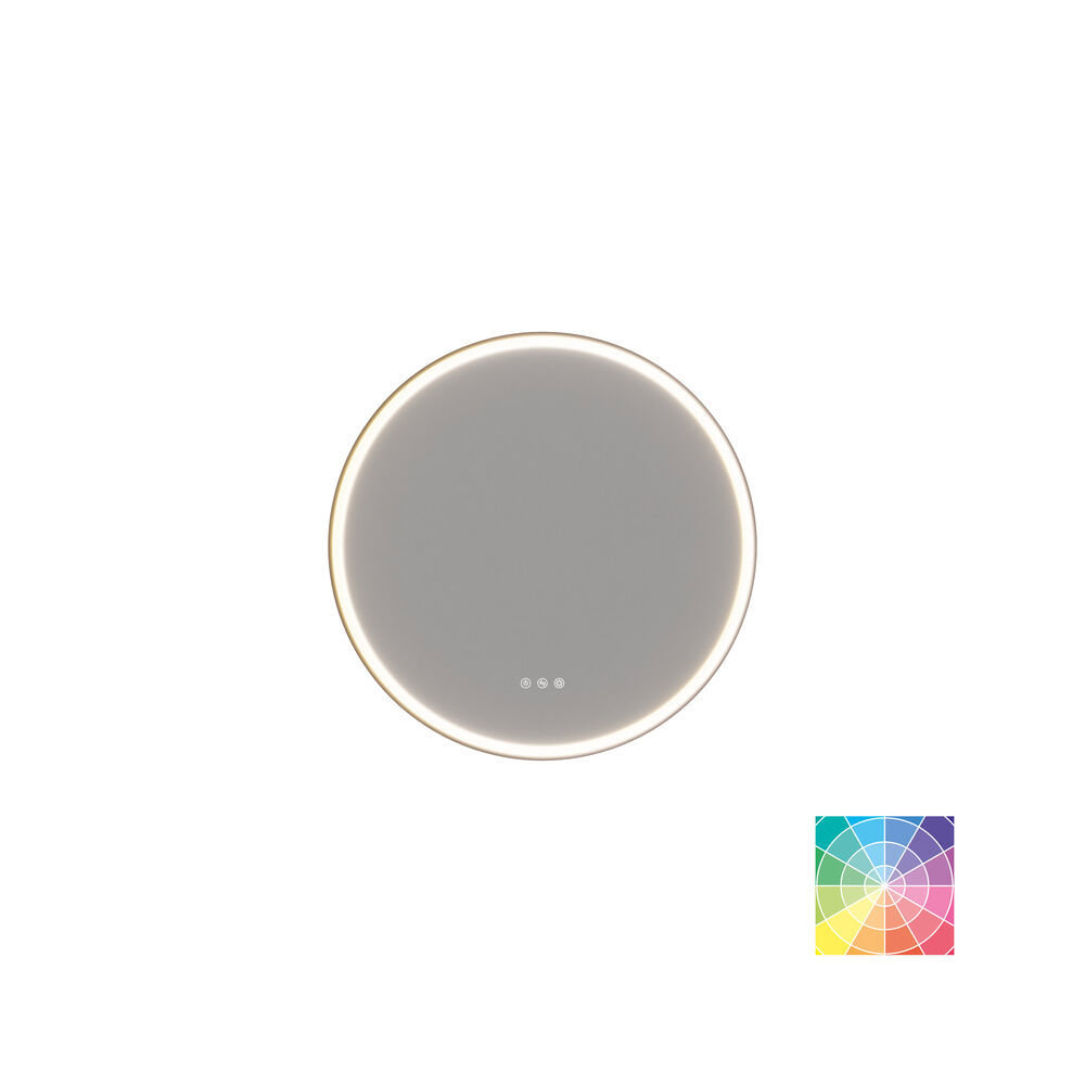 Baderomsinspirasjon med mørkeblå veggpaneler, romantisk blomstrete tapet, mørkeblå servantskap med myke former og et vakkert rundt speil med lys som skaper et vintage uttrykk