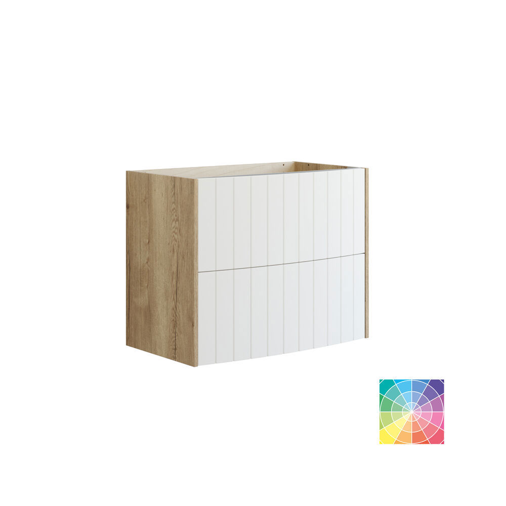 Baderomsinspirasjon med baderomsmøbler i grønn spesialfarge med sider i naturlig eik, elegante riller, stilfull benkeplate med romantisk oval bordstående servant, vakkert ovalt speil, gir sammen med blomstrete tapet et yndefullt, vintage retro uttrykk.