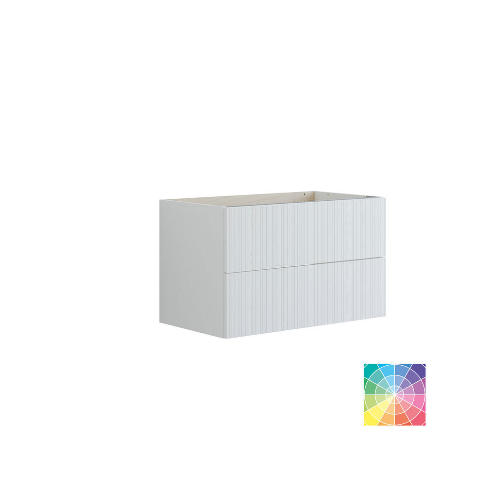 Baderom med skrått tak inspirasjon, beige baderomsmøbler med rifler, elegant benkeplate og firkantet bordstående servant, vakkert firkantet speil med stilige hyller, blå vegger, store vinduer og sort fiskebeinsgulv gir et lyst og urbant uttrykk.