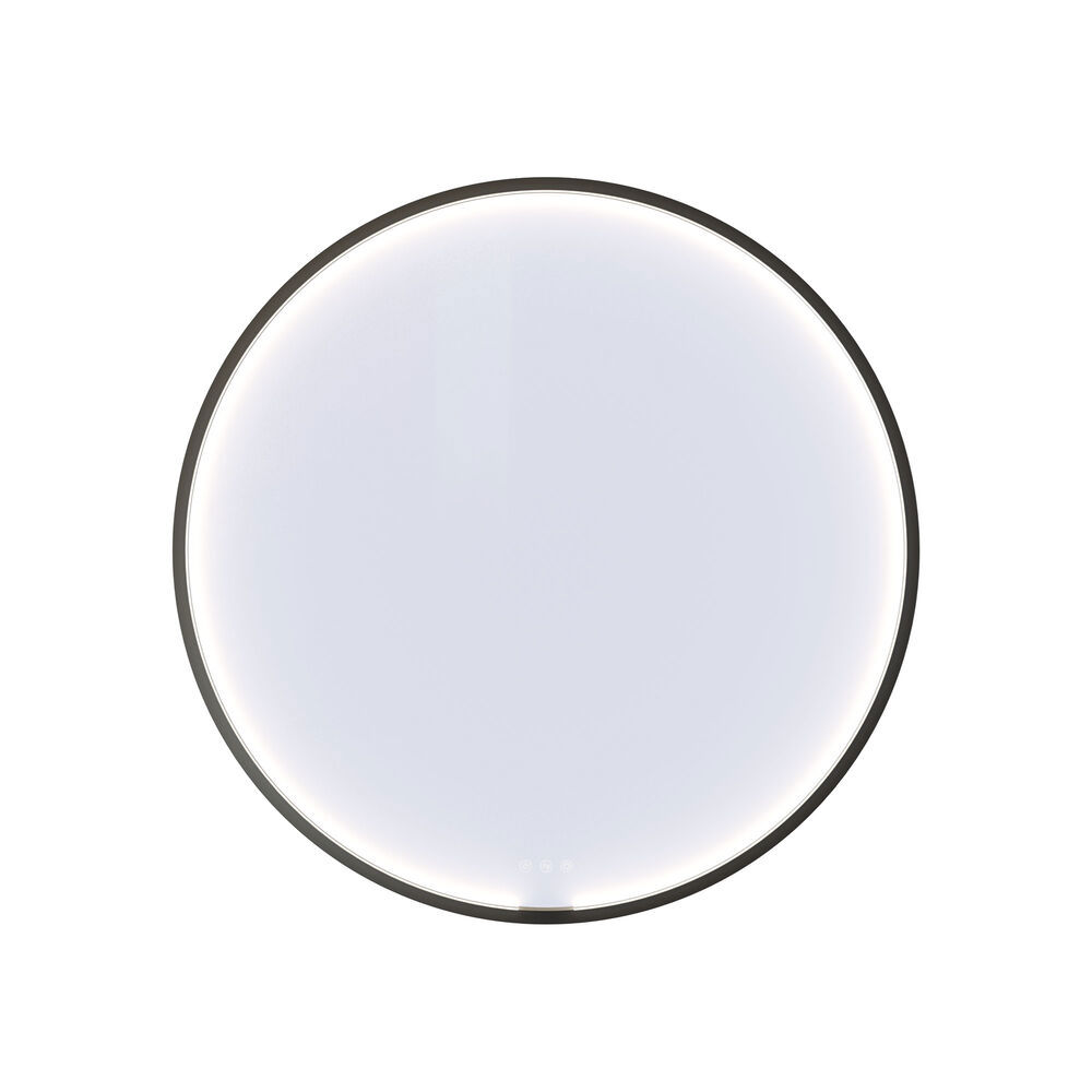 Stort og lyst baderom i minimalistisk stil med myke pastellfarger og elegante grønne nyanser, stilfullt rundt speil og moderne innredning