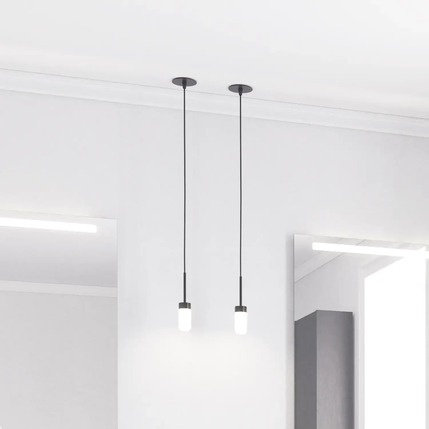 Stort baderomsinspirasjon med baderomsmøbler i noir eik med elegante lameller, stilfull dobbel servant, firkantede speil, hvite fliser med geometrisk mønster gir et lyst, symmetrisk og klassisk uttrykk.