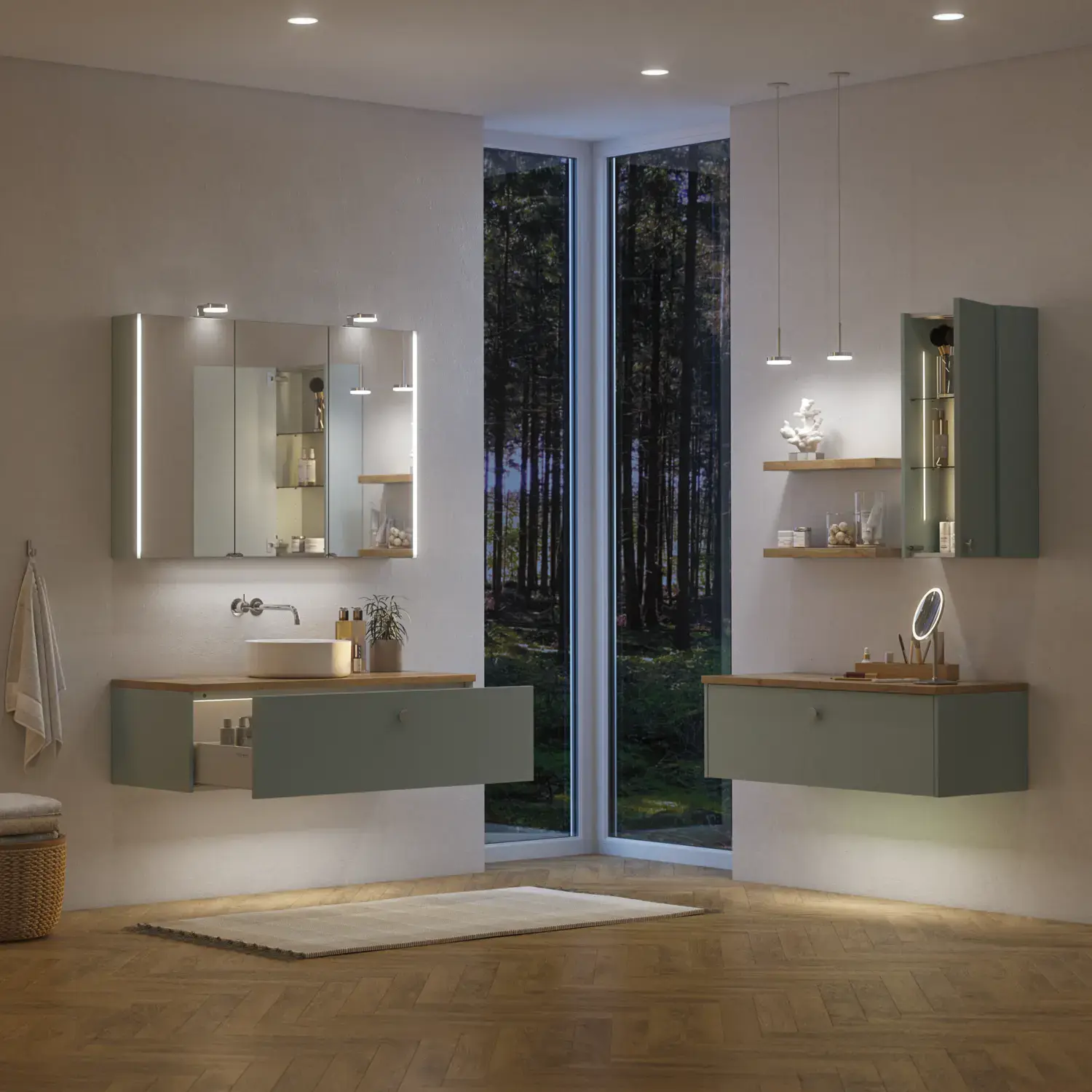 Stor baderomsinspirasjon i nordisk stil med baderomsmøbler i lys blå farge og trebenkeplate med elegant bordstående servant, fiskebensgulv i tre som skaper en lys og klassisk stil