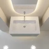 Stilfull og moderne baderomsinspirasjon med ovale speil med lysstyring, steinvasker og servantskap med fine og elegante riller i en minimalistisk design, badet har en lys og luftig atmosfære med elegant belysning og raffinerte detaljer