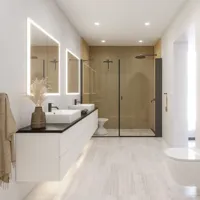 Stort baderomsinspirasjon i moderne og minimalistisk stil med hvite baderomsmøbler og elegant sort benkeplate med firkantede frittstående vasker, estetiske og praktiske innebygde speilskap med lysramme samt walk-in dusj