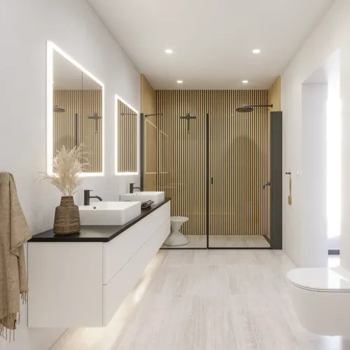 Stort baderomsinspirasjon i moderne og minimalistisk stil med hvite baderomsmøbler og elegant sort benkeplate med firkantede frittstående vasker, estetiske og praktiske innebygde speilskap med lysramme samt walk-in dusj