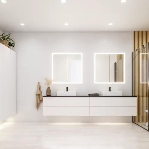 Stort baderomsinspirasjon i moderne og minimalistisk stil med hvite baderomsmøbler og elegant sort benkeplate med firkantede frittstående vasker, estetiske og praktiske innebygde speilskap med lysramme samt walk-in dusj