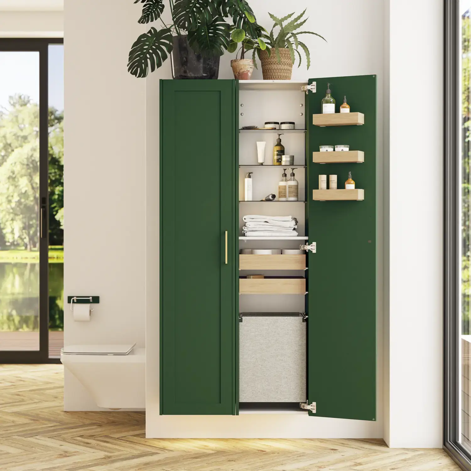 Stort bad i grønne farger med servantskap, ovalt speil med messingkant og flotte dører med ramme