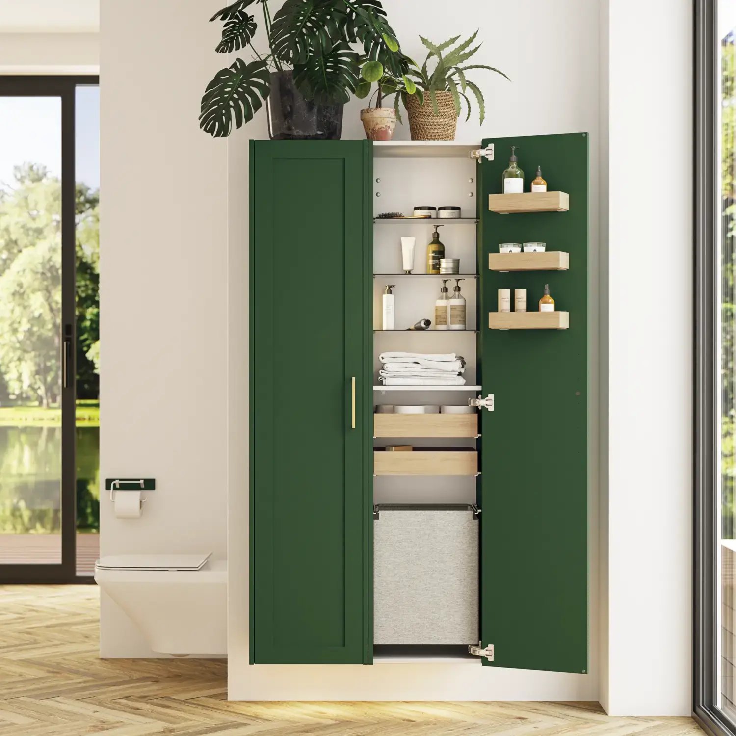 Stort bad i grønne farger med servantskap, ovalt speil med messingkant og flotte dører med ramme