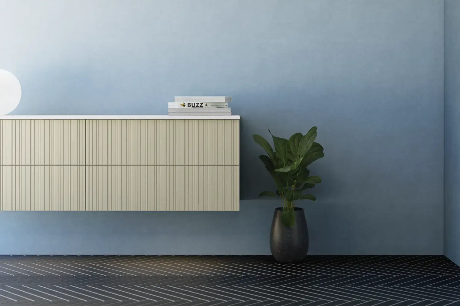 Baderom med skrått tak inspirasjon, beige baderomsmøbler med rifler, elegant benkeplate og firkantet bordstående servant, vakkert firkantet speil med stilige hyller, blå vegger, store vinduer og sort fiskebeinsgulv gir et lyst og urbant uttrykk.