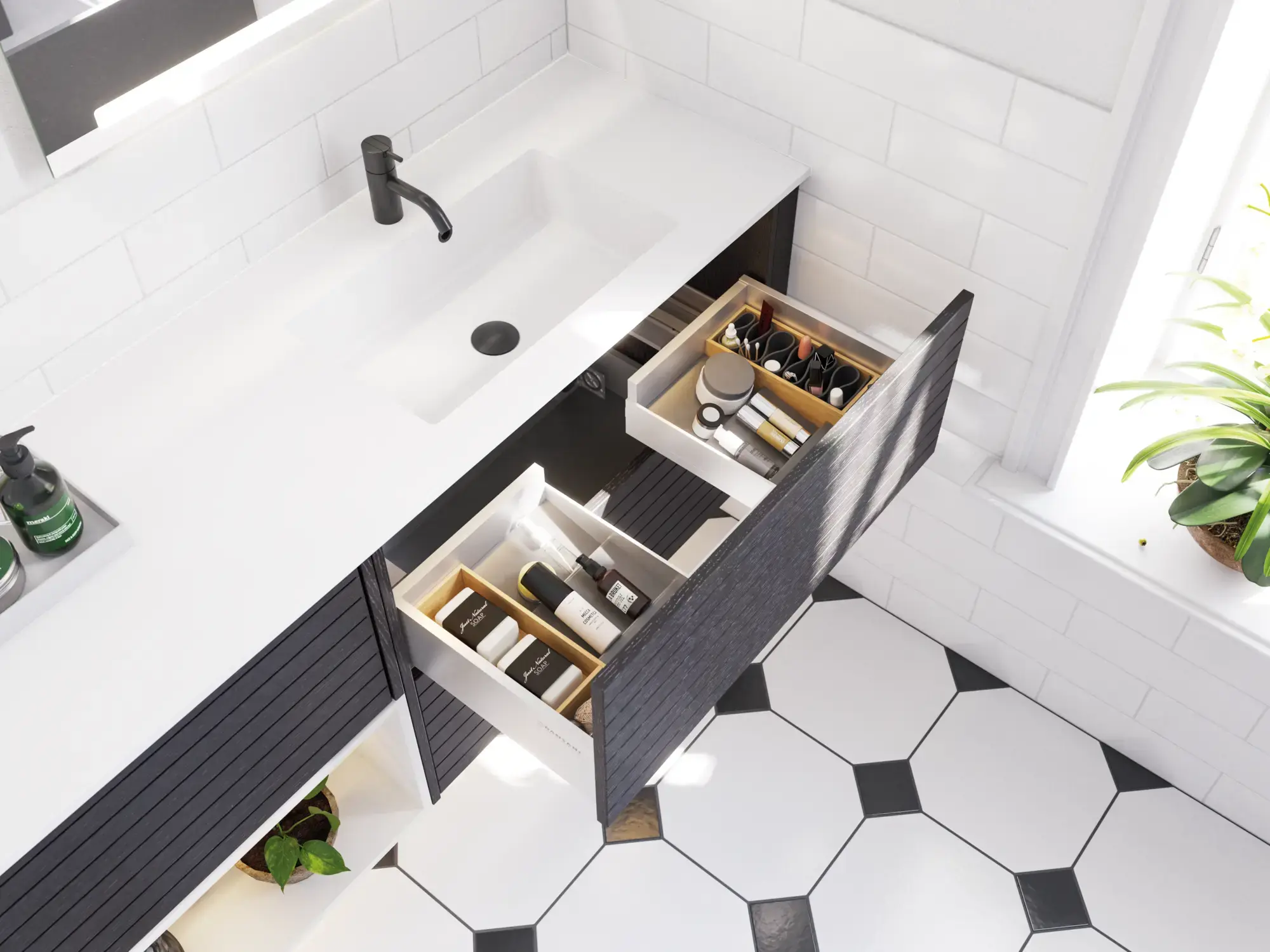 Stort baderomsinspirasjon med baderomsmøbler i noir eik med elegante lameller, stilfull dobbel servant, firkantede speil, hvite fliser med geometrisk mønster gir et lyst, symmetrisk og klassisk uttrykk.