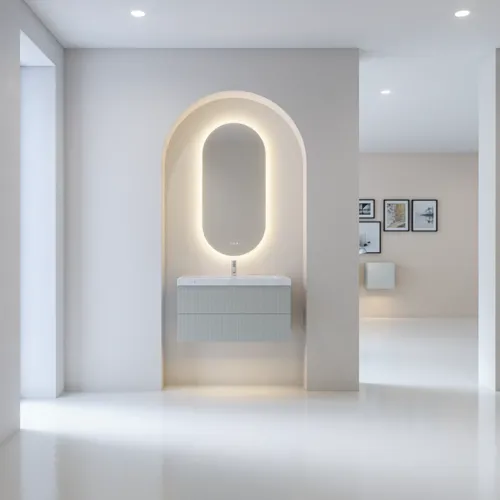 Stilfull og moderne baderomsinspirasjon med ovale speil med lysstyring, steinvasker og servantskap med fine og elegante riller i en minimalistisk design, badet har en lys og luftig atmosfære med elegant belysning og raffinerte detaljer