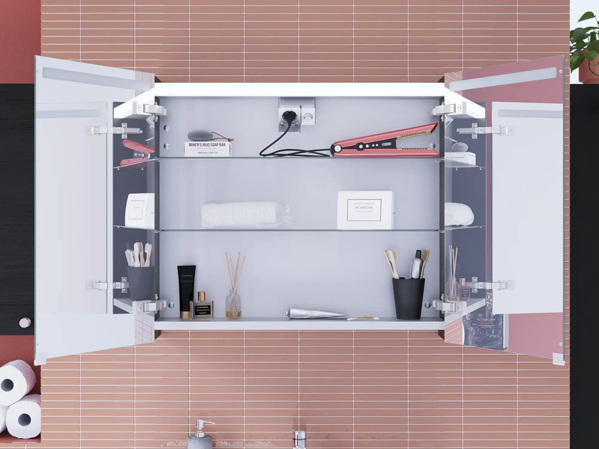 Stor baderomsinspirasjon med baderomsmøbler i Black Structure med et elegant speilskap med integrert belysning og praktisk og stilfull innredning, samt stikkontakter for en eksklusiv baderomsopplevelse.