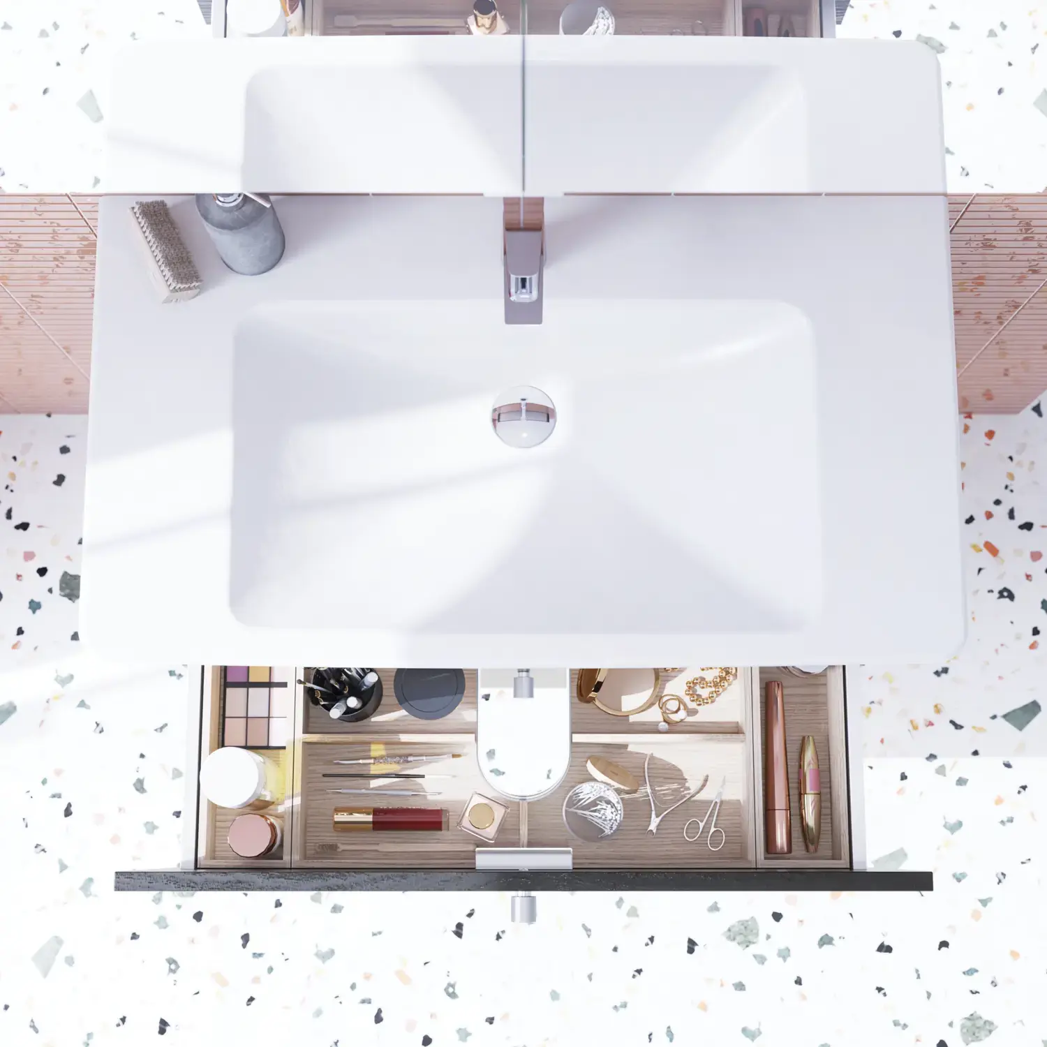 Baderomsinspirasjon med elegant håndvask og vaskeskap med praktisk og flott skuffeinnredning i form av vakre trebokser som gir optimal utnyttelse av plass.