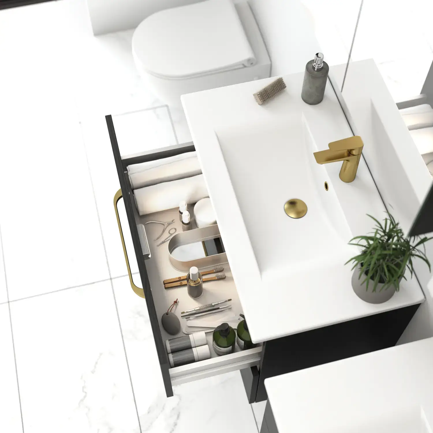 Baderomsinspirasjon med elegant servant og elegant underskapslade med dekor, store hvite fliser for et lyst og minimalistisk uttrykk.