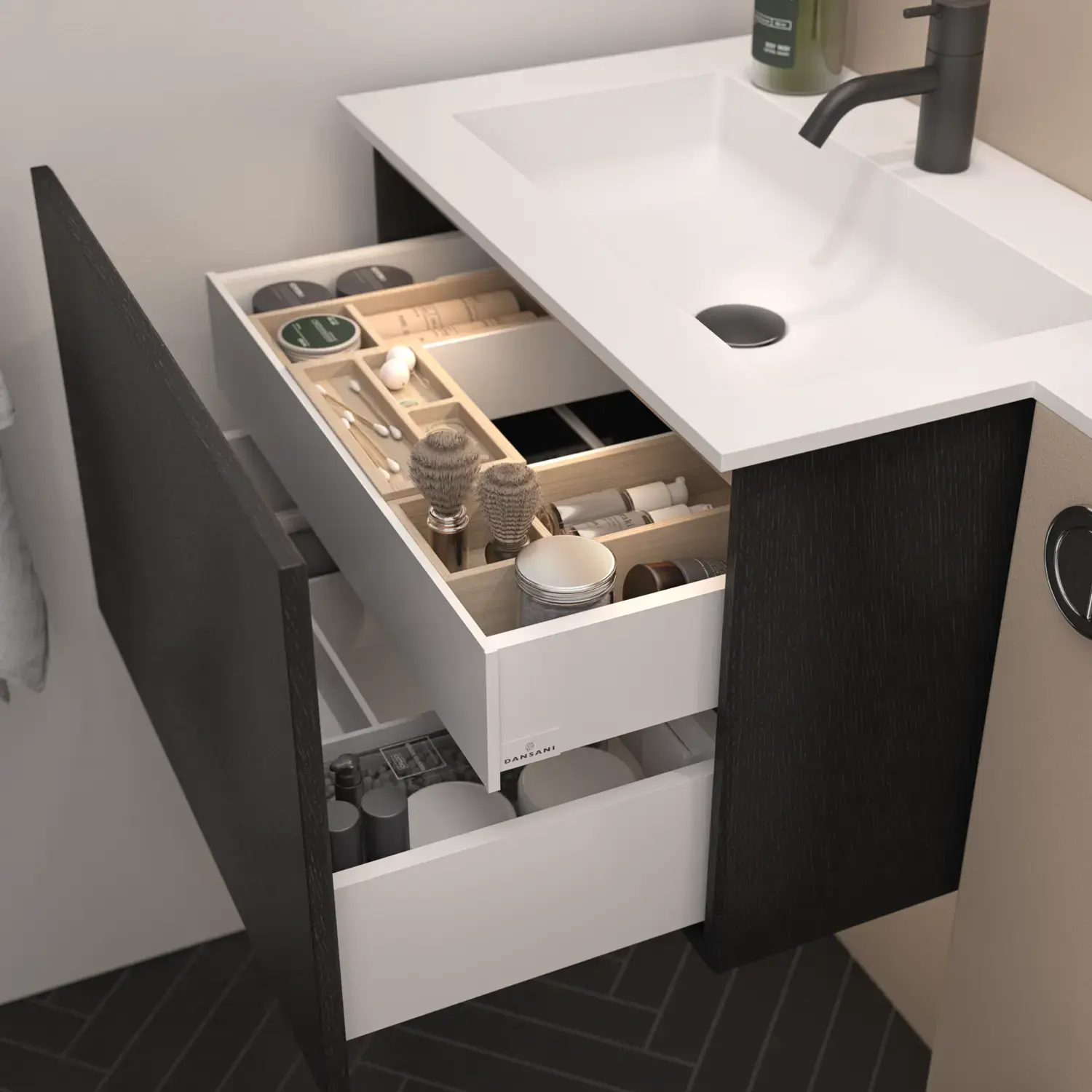 Elegant vaskeskap med praktisk innerskuff og elegante skuffeinnredninger med stilige trebokser.