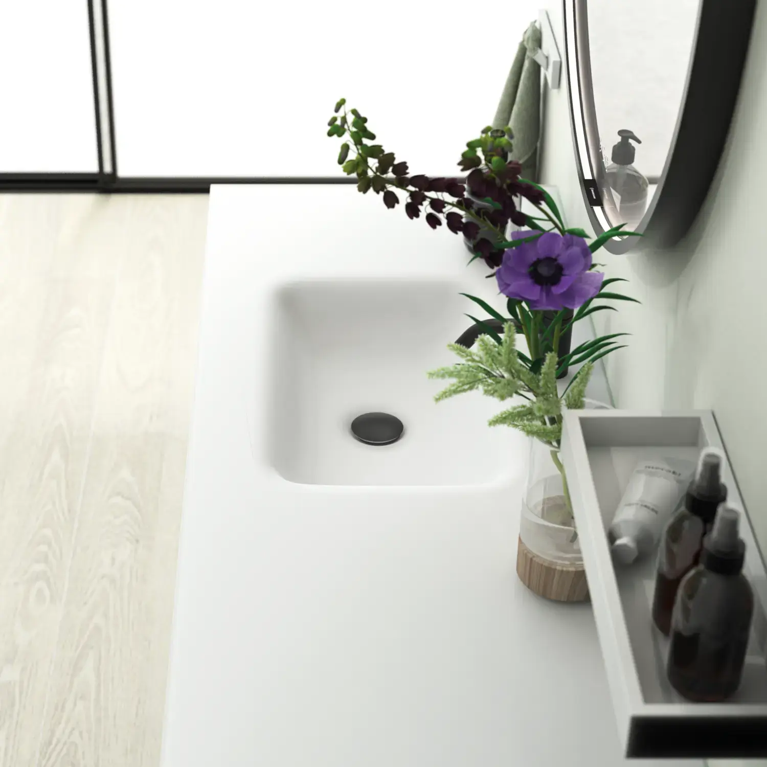 Stort og lyst baderom i minimalistisk stil med myke pastellfarger og elegante grønne nyanser, stilfullt rundt speil og moderne innredning.