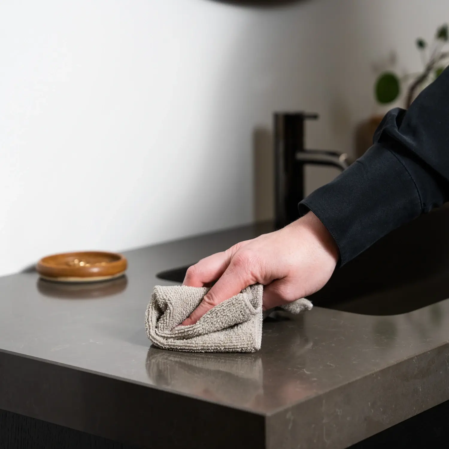 Rengjøring og vedlikehold av baderomsmøbler: En person tørker forsiktig av en mørk baderomsbenk med en beige mikrofiberklut for å fjerne smuss og vanndråper.