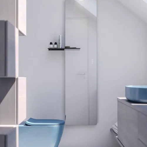 Liten baderomsinspirasjon med benkeplate på mål, elegant blå frittstående vask og firkantet figurspeil som skaper et lyst og moderne rom.