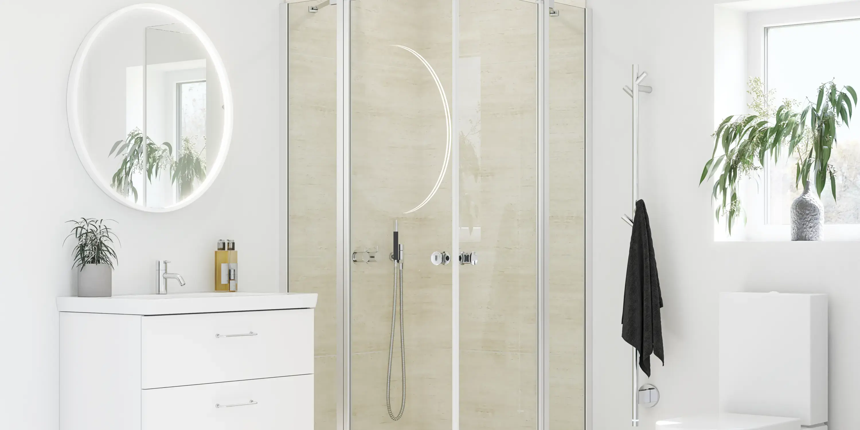 Baderomsinspirasjon med hvite baderomsmøbler og dusjskjerm med faste dusjvegger med slagdører i klart glass og profiler i sateng, elegant elektrisk håndkletørker, som med hvite vegger og lyse gulv gir et lyst og moderne uttrykk.