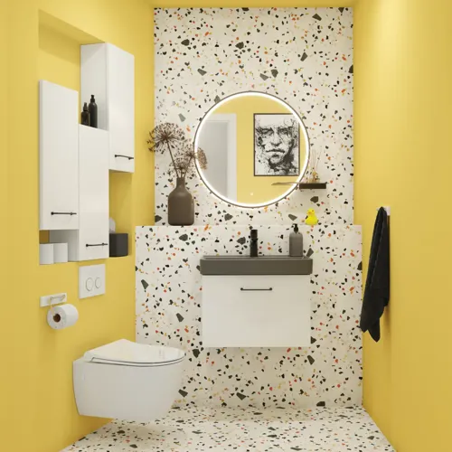 Liten baderomsinspirasjon med hvitt vaskeskap med svart grep og svart elegant vask, vakkert rundt speil med svart kant, forskjøvet plasserte overskap samt terrazzo vegg og gulv og gule vegger gir et modig og moderne uttrykk.