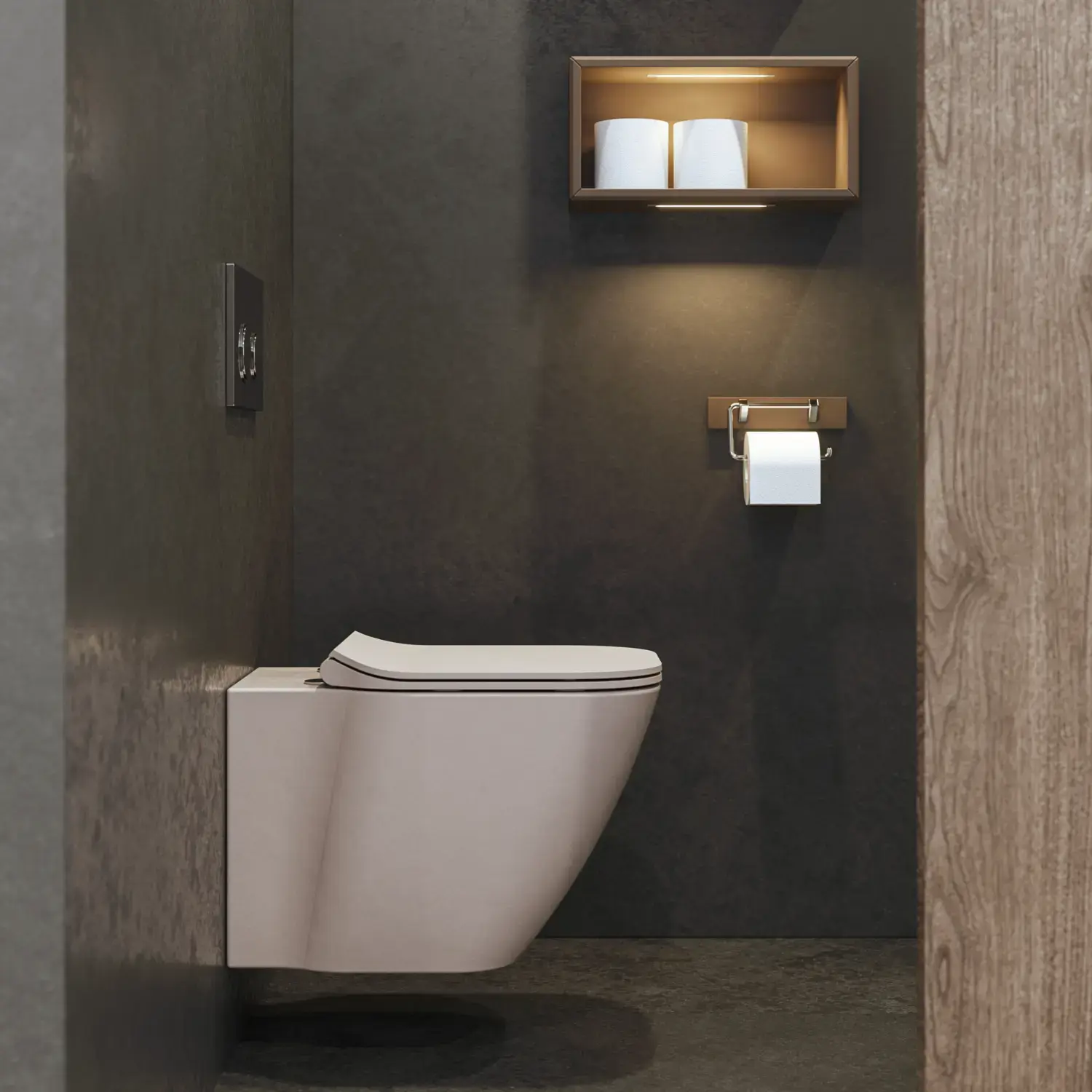 Stilrent og romslig baderomsinspirasjon med stort rundt speil med svart ramme, mørk steinvask, farget toalett, overskap og åpen hylle i et sofistikert og dempet design.