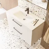 Stor baderomsinspirasjon med baderomsmøbler i matt hvitt med elegant servant og firkantet speil med svart kant og lampe, terrazzovegg og -gulv og planter på veggen for et moderne og sofistikert uttrykk.