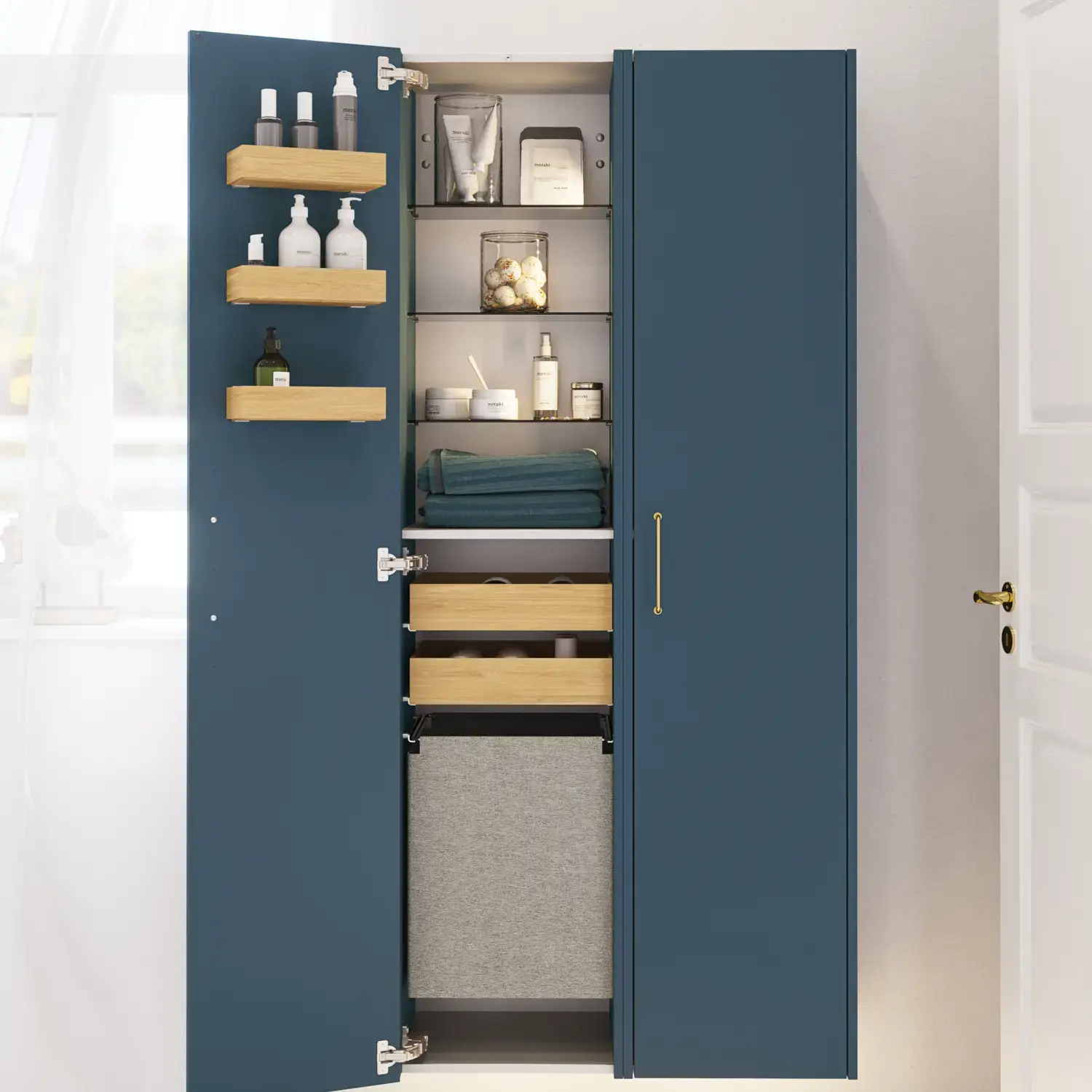 Baderomsinspirasjon med baderomsmøbler i moderne blå farge, elegant bordstående vask og stort firkantet speil med lys, hvite fiskebensfliser gir et stilfullt og klassisk uttrykk