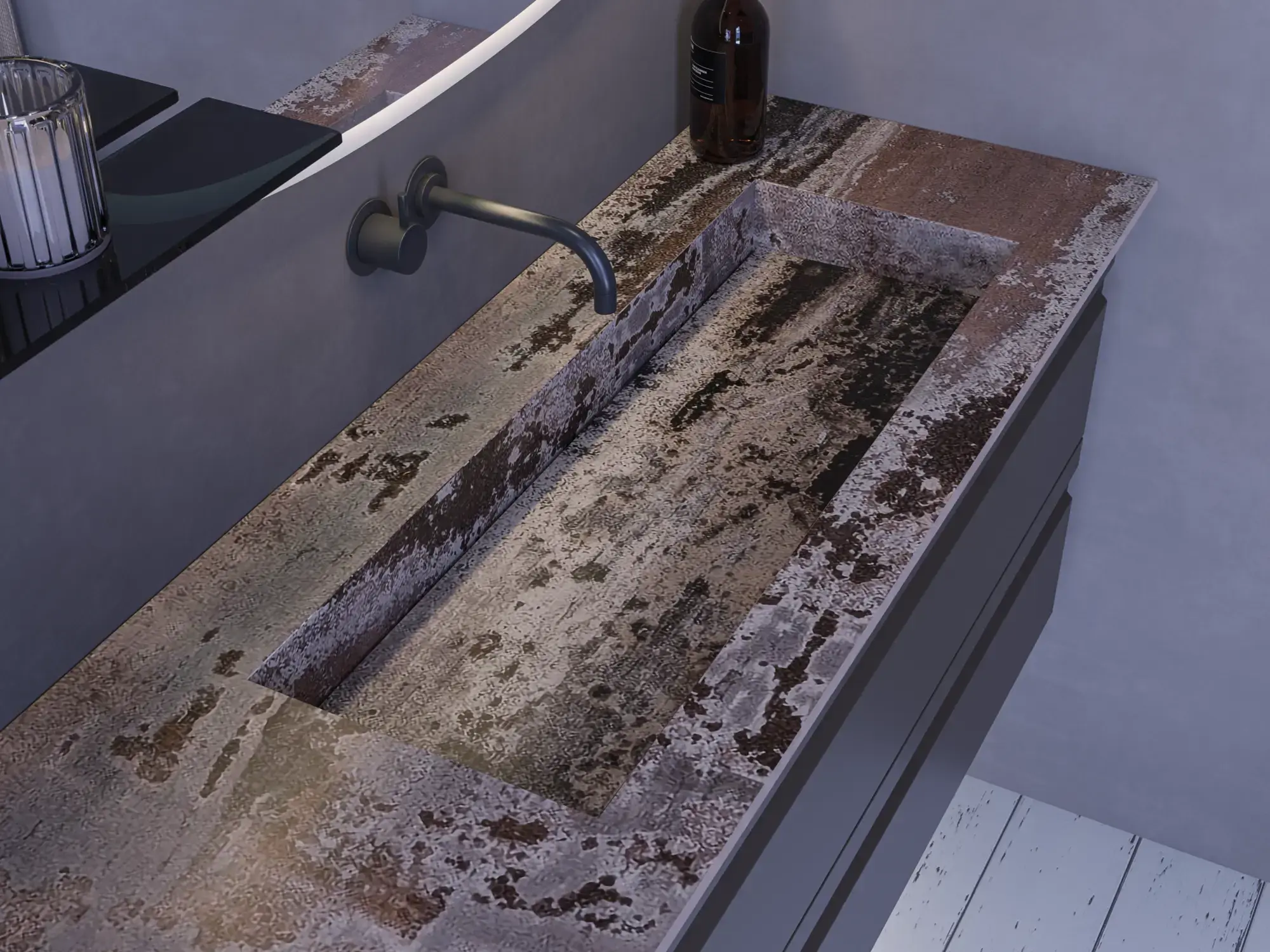 Stor baderomsinspirasjon med grå servantskap med integrert håndtak, stilfull sidemontert vask, kvadratisk speil med avrundede hjørner, vegger i betonglook og rå materialer for et urbant uttrykk