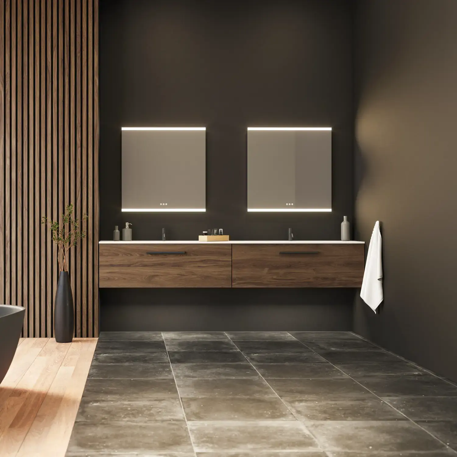 Stor baderomsinspirasjon med servantskap og trelameller i brun eik, frittstående badekar, og firkantede speil med lys, elegant dobbelservant gir et moderne og symmetrisk utseende