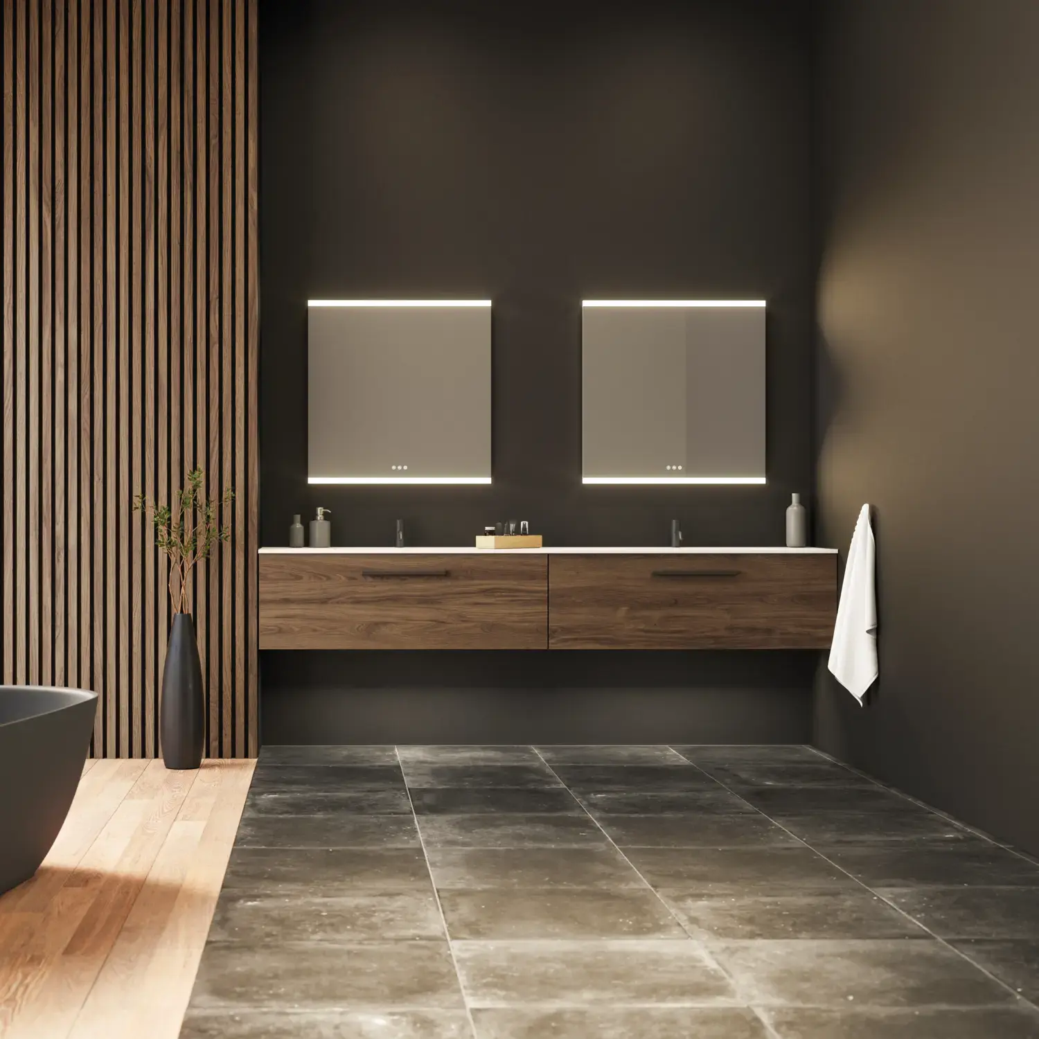 Stor baderomsinspirasjon med servantskap og trelameller i brun eik, frittst&#xE5;ende badekar, og firkantede speil med lys, elegant dobbelservant gir et moderne og symmetrisk utseende