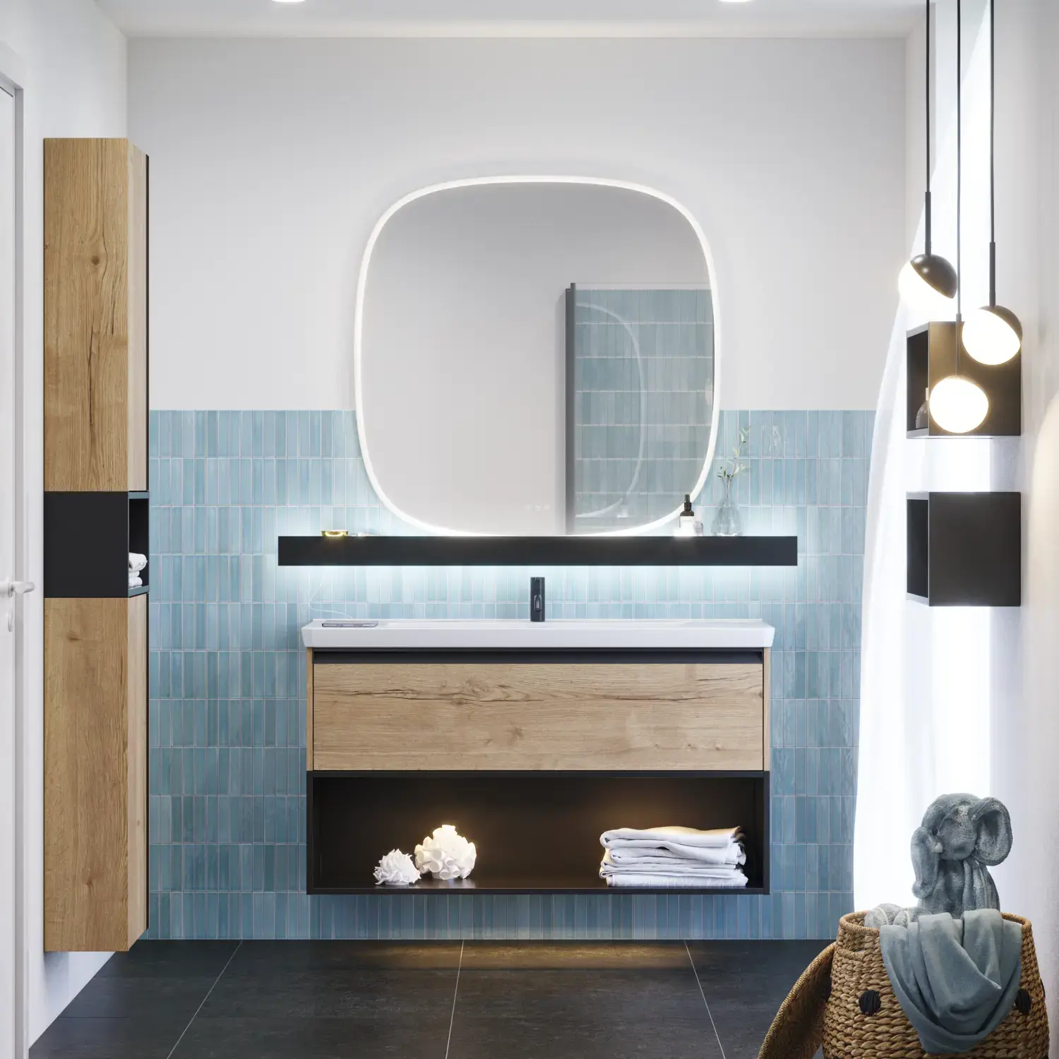 Baderomsinspirasjon med avlange blå fliser, baderomsmøbler i natur eik med sorte detaljer som skaper et harmonisk og sofistikert uttrykk
