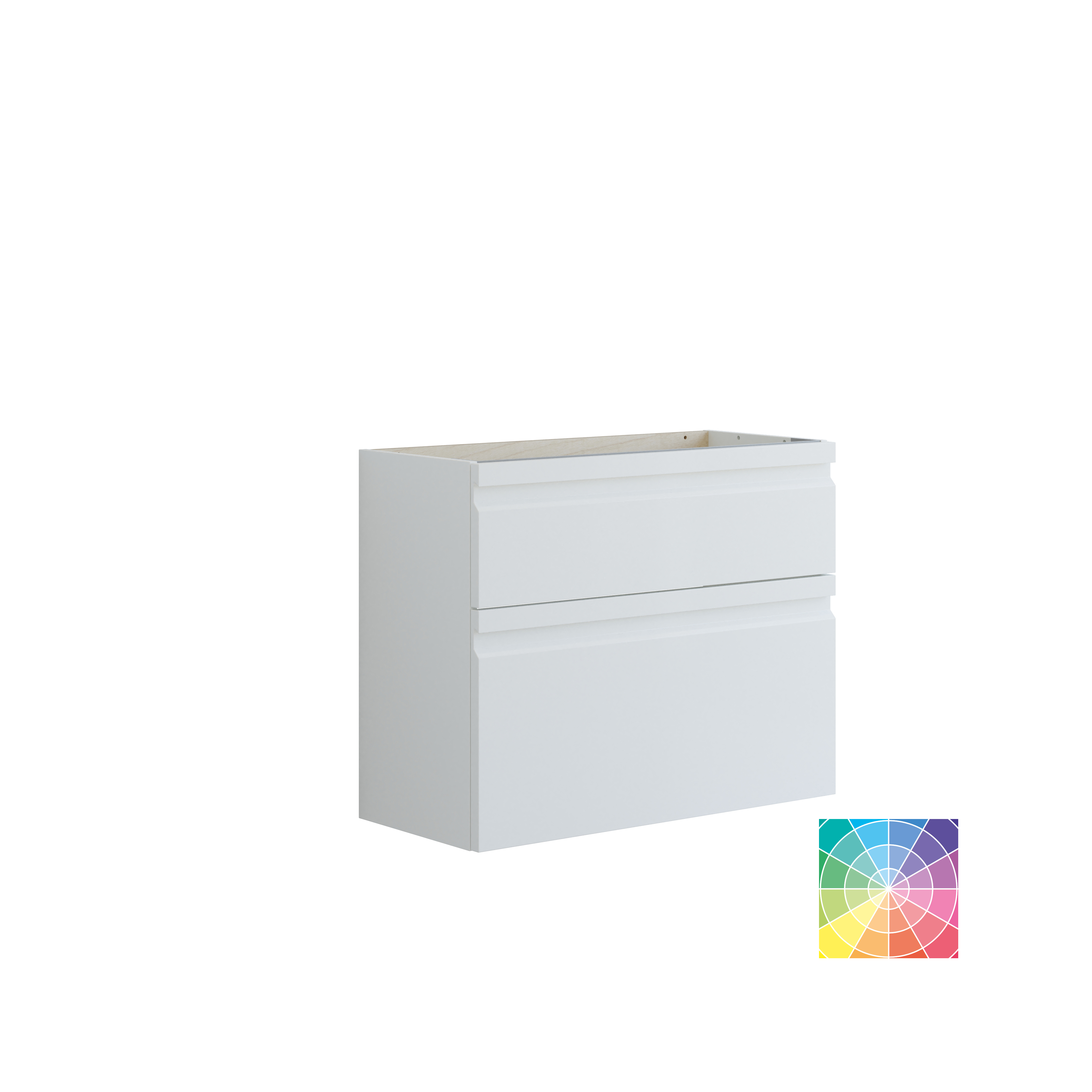 Liten baderomsinspirasjon med servantskap og overskap over toalett i beige spesialfarge, elegant speilskap med integrert lys, de lyse fargene og hvite gardinet skaper en romantisk og feminin atmosfære.